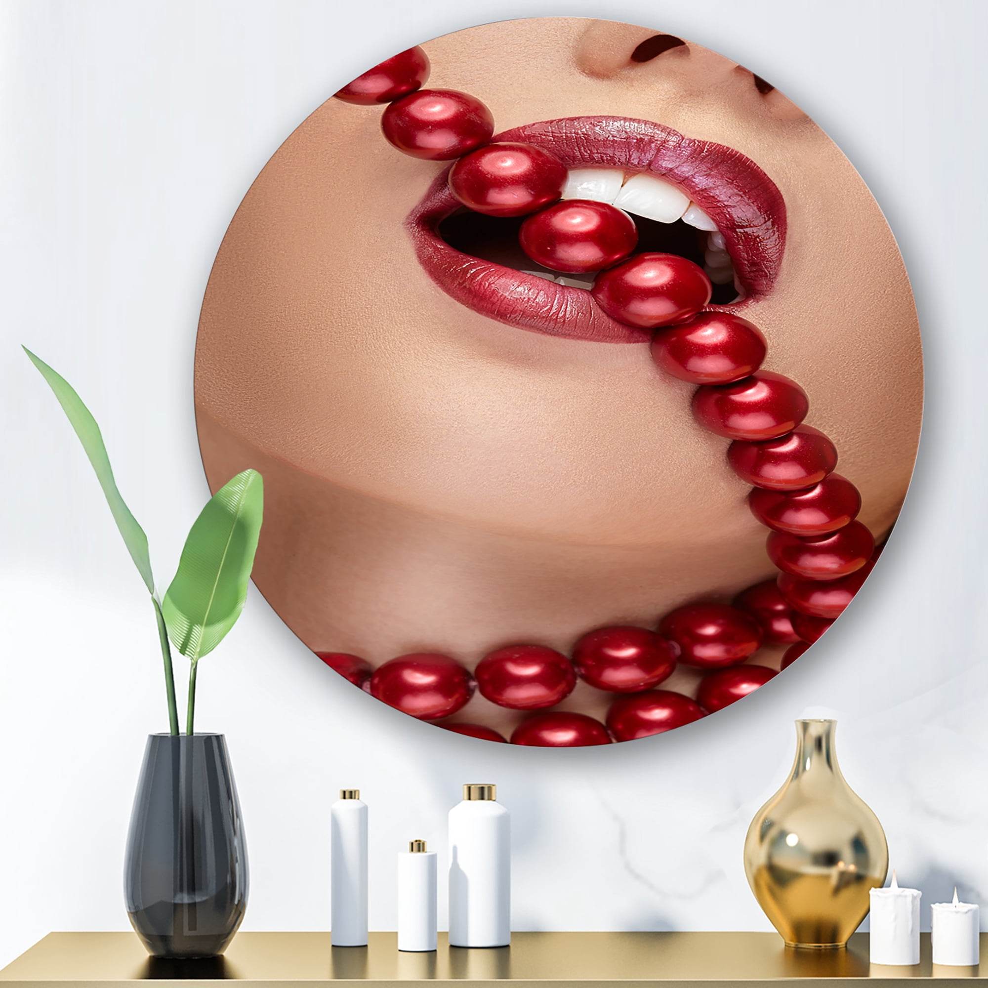 Girl Mouth With Red Lipstick Biting Red Pearls 11 in x 11 in Painting Art Prints, by Designart