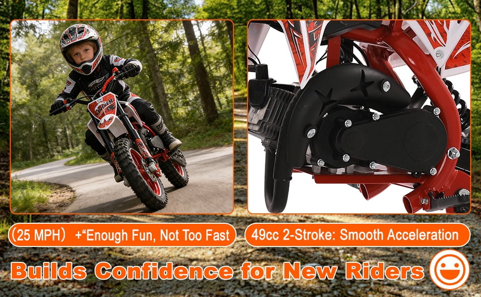 Korogimeeet Kids Gas Dirt Bike Red 49cc 2-Stroke, 10 Inch Knobby Tires with Inverted Suspension, Hand-Pull Start, 40KM/H Top Speed, 30 Min Range, 150kg Capacity, 47 x 30 Inch