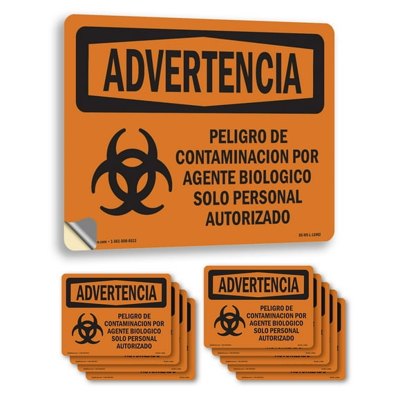 Biohazard Authorized Personnel Only Spanish OSHA WARNING Vinyl Decal Label 7 Inch x 5 Inch - 10 Pack