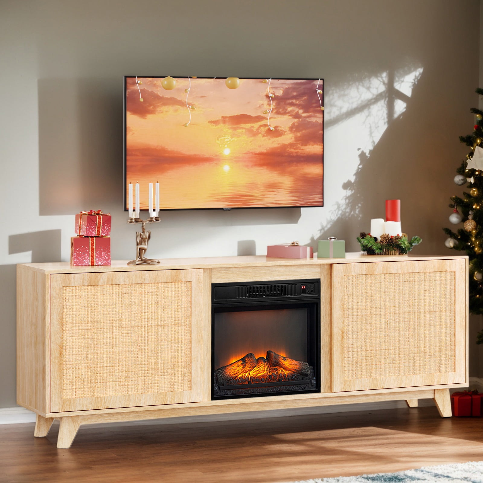 Paproos Fireplace TV Stand for TVs up to 80", 70’’ Modern Rattan TV Console with 19" Electric Fireplace, Entertainment Center with Rattan Doors, Media Console Table for Living Room, Oak