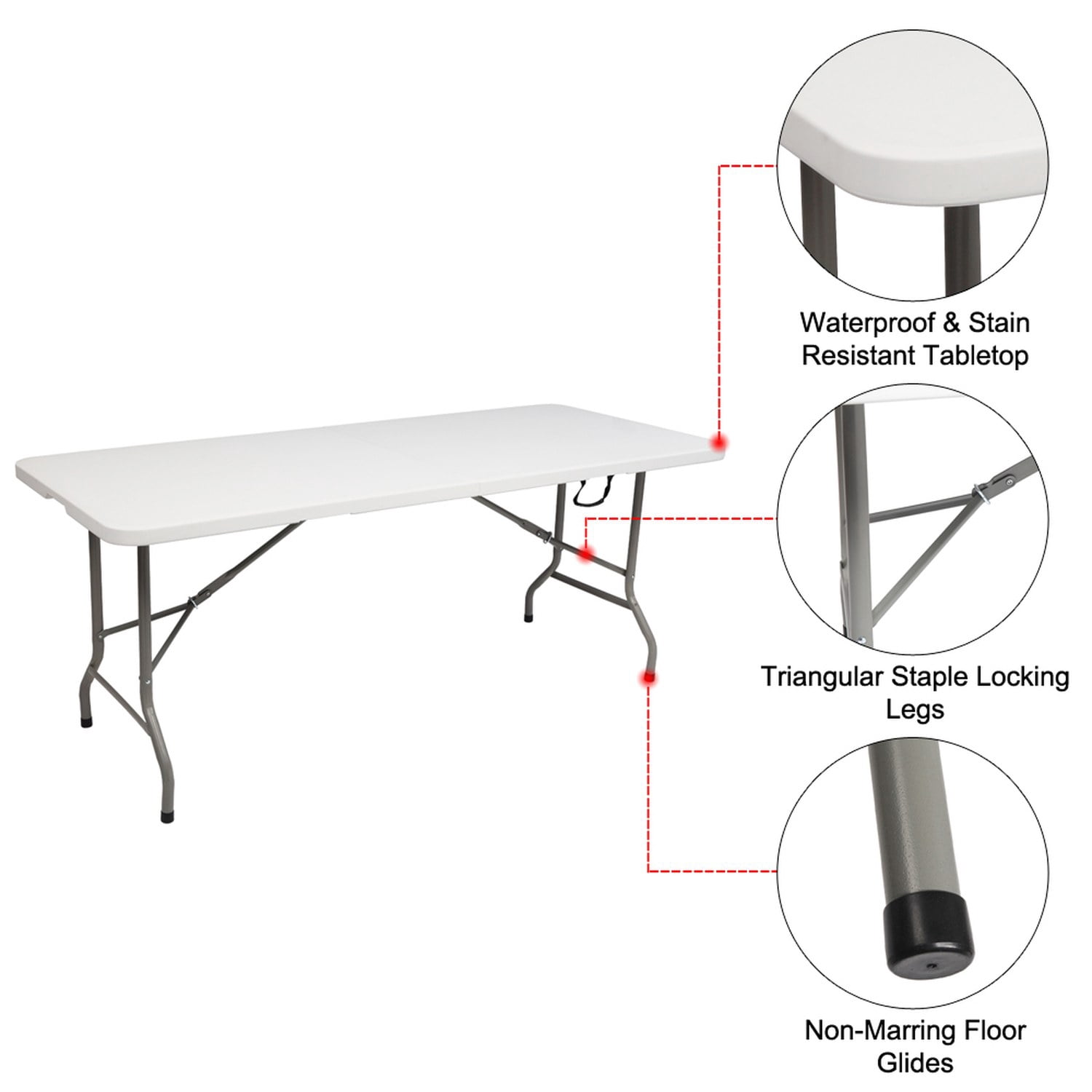 6 ft Foldable Long Table, White Top, Gray Plastic Pipe