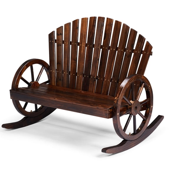 Zimtown 36in Double Wooden Rocking Chair, Rustic Outdoor Adirondack Patio Rocker with Wagon Wheels for Porch Garden, Carbonized