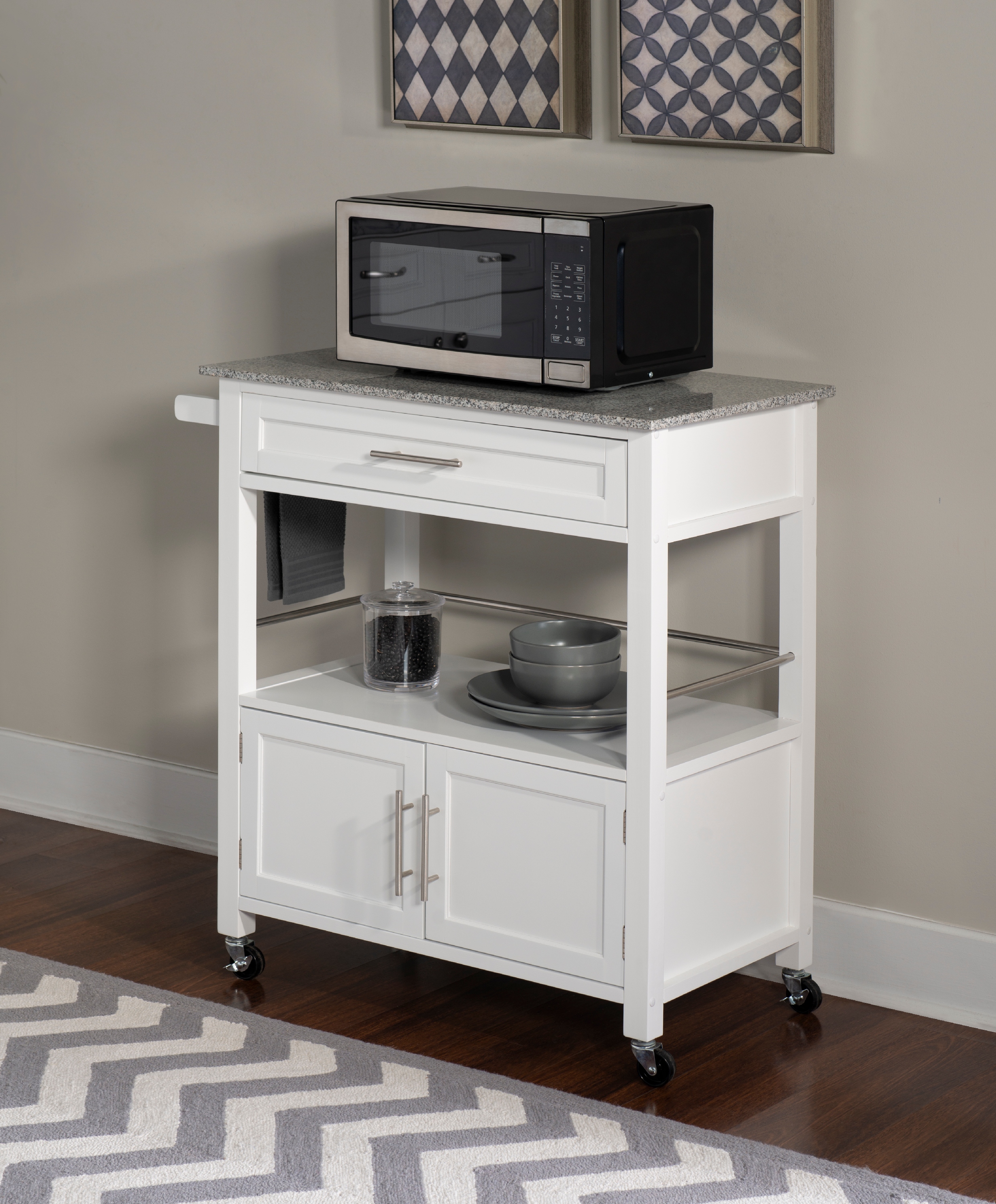 Linon Judith 2-Tier Mobile Kitchen Serving Cart with Gray & White Speckled Granite Top, 33.5" Length, White