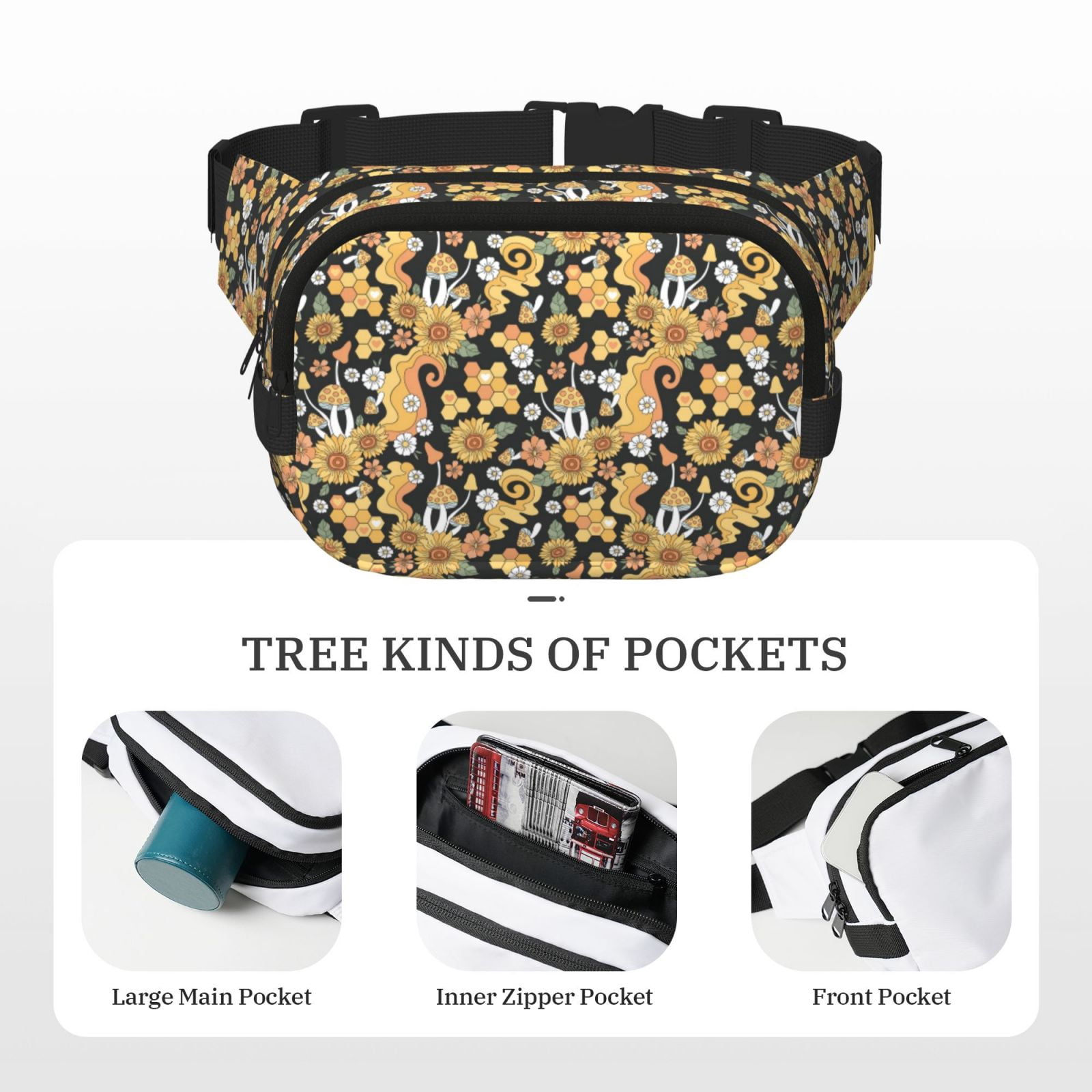 Picia Mushrooms Honeycomb Print Square Double-Layer Waist Bag Mini Adjustable Waist Belt Bag Exercise Running Travel Hiking