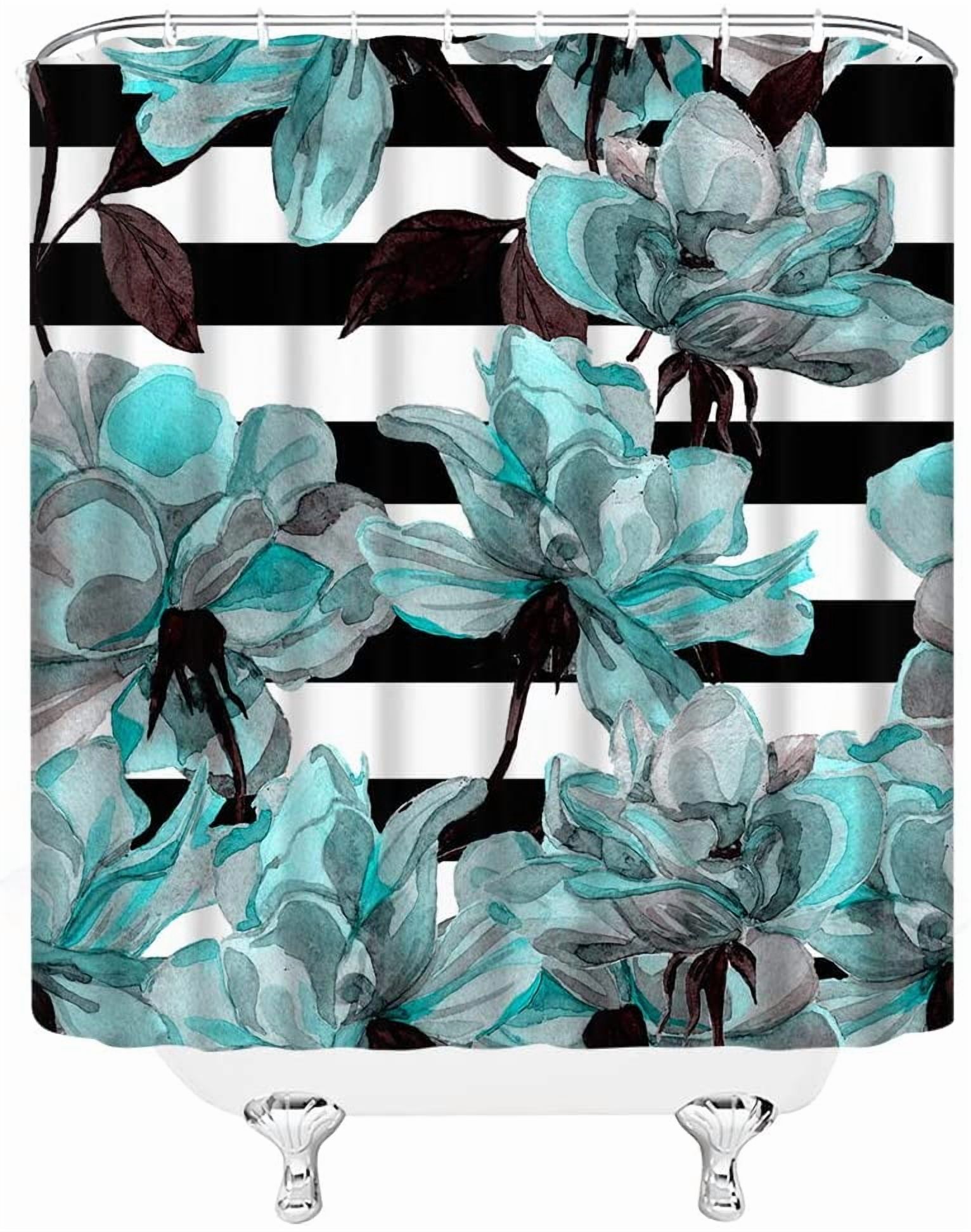 Teal Turquoise Flower Shower Curtain Black and White Striped Roses Floral Watercolor Abstract Art Rustic Home Bathroom Decor Set Polyester Fabric Include Hooks 72"W x 78"L (Pack of 1)