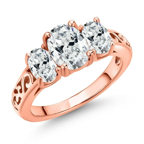 Gem Stone King 18K Rose Gold Plated Silver White Zirconia Filigree Style 3 Stone Ring for Women (2.07 Cttw, Oval 8X6MM and 6X4MM) (Size 5)