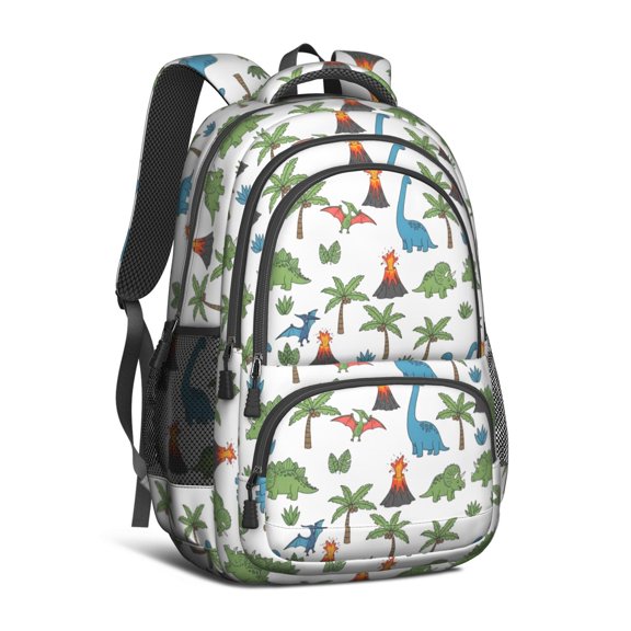 Dinosaur and Volcano White Pattern Backpack for School, Cute School Bag with Adjustable Shoulder Straps and Padded Back, 16.9"x12.6"x5.9"