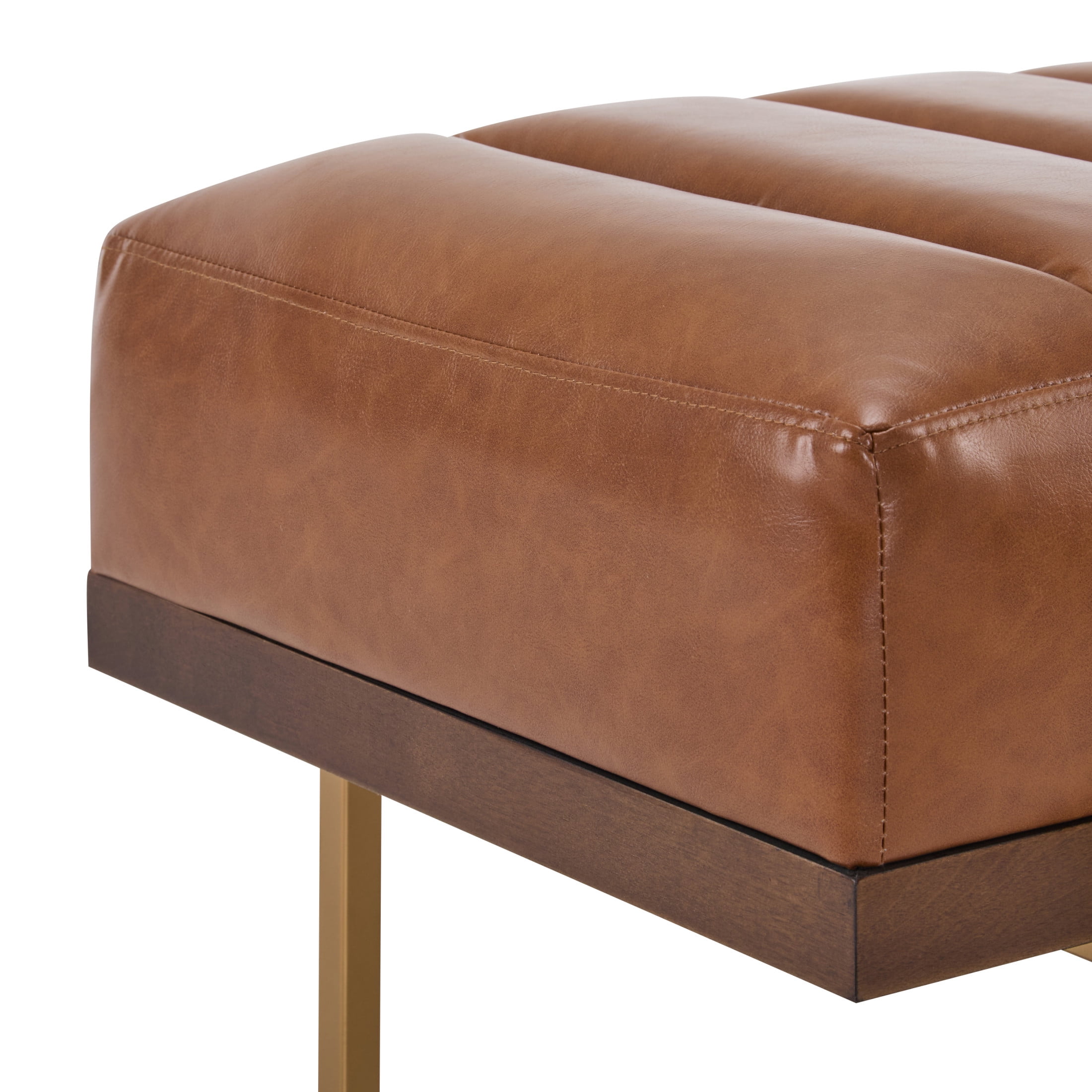 Modern PU Upholstered Bench with Channel Tufting, Metal Base, Brown+Gold