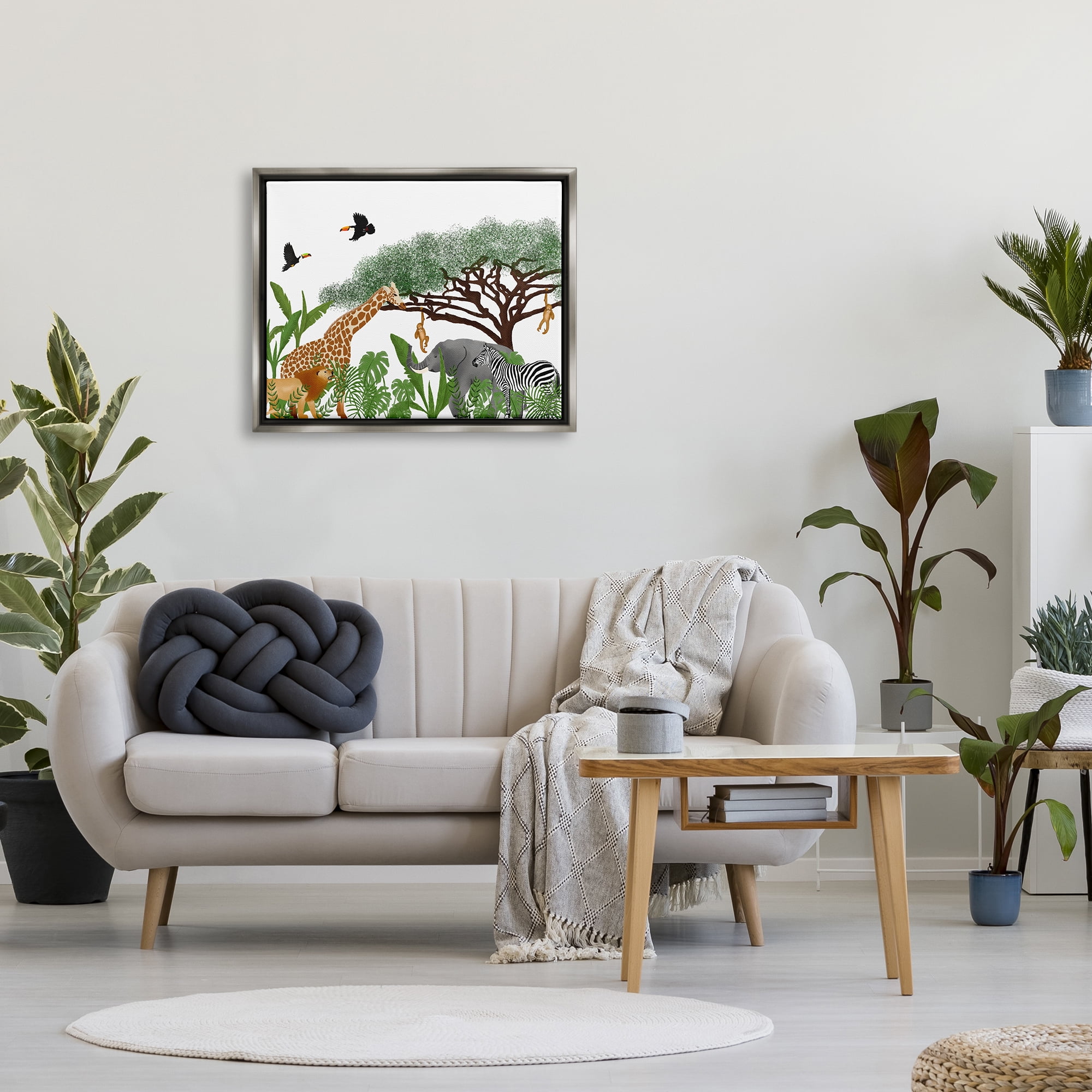 Stupell Industries Jungle Wildlife Animals Scene Animals & Insects Painting Gray Floater Framed Art Print Wall Art