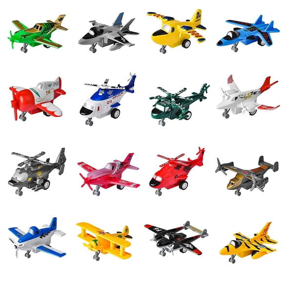 16 pieces pull back airplane toys, airplane toys set for boys, airplanes include helicopter toys, fighter plane toys, bomber toys, biplane toys, gifts for boys, kids gift toys