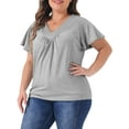 thumbnail image 4 of Agnes Orinda Blusa de Talla Grande para Mujeres con Cuello en V y Volantes, Camiseta de Manga Corta, Tops de Verano 4X Gris, 4 of 6