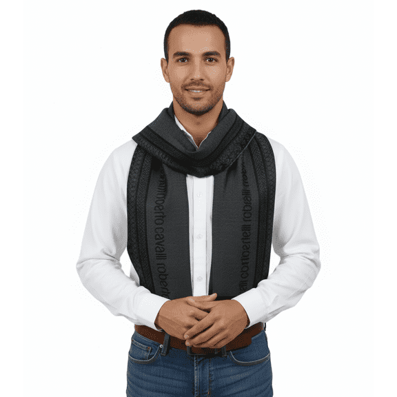 Roberto Cavalli ESZ062 05001 Grey Wool Blend Signature Mens Scarf for mens