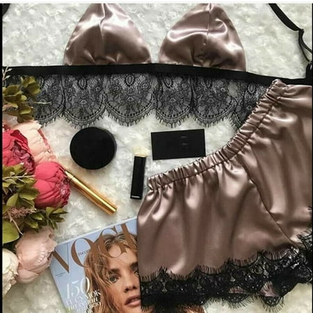 

TruPeony Women s Sleepwear Nightwear Satin Pajama Set Lace V-Neck Pyjamas Sleeveless Set