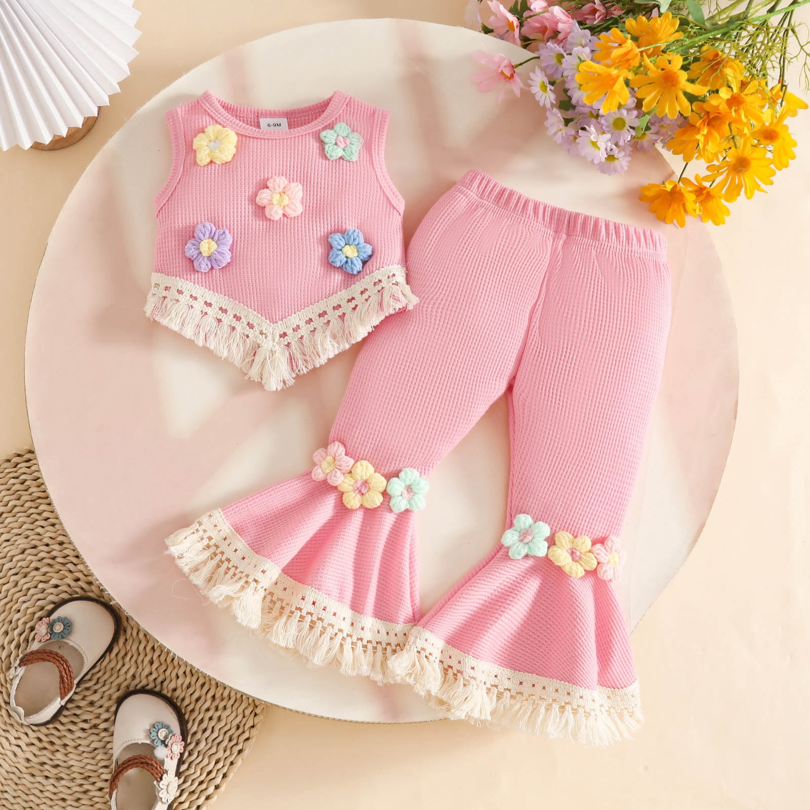 Faraee Toddler Baby Girl 2 Piece Summer Outfit Tassel Flower Cute Clothes Sleeveless Vest Tops Flare Leg Pants Casual Clohing Set Pink Size 12-18 Months