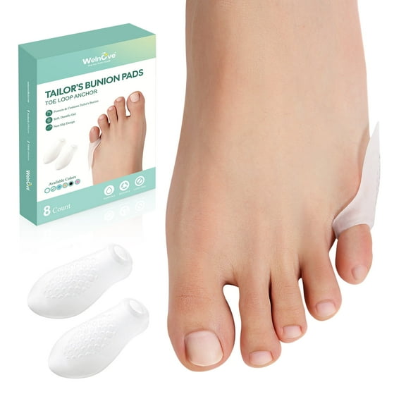 Welnove Tailor's Bunion Corrector Pads - 8 Pack Pinky Toe Protector, Bunion Corrector with Separator for Women Men, Gel Bunion Shield for Foot Pain Relief - FSA/HSA Eligible (Regular Pads)