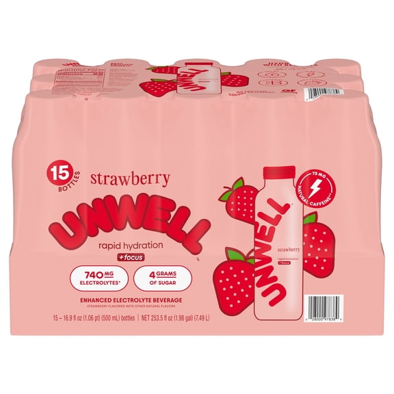 Unwell Rapid Hydration Electrolyte Beverage, Strawberry, 16.9 Ounce (15 Pack)