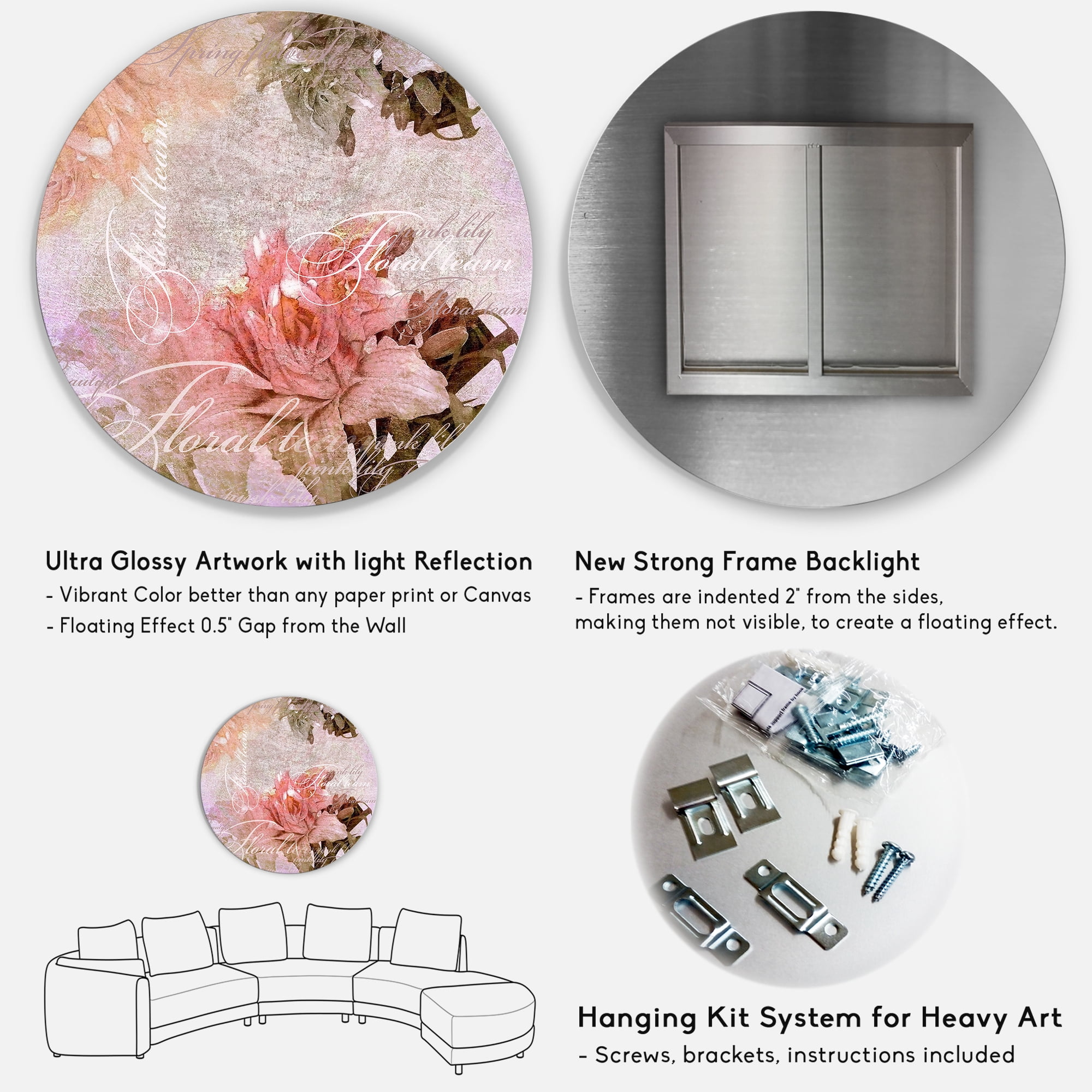 Designart 'Flowers Vintage In Pastel Colours' Traditional Circle Metal Wall Art 36x36 - Disc of 36