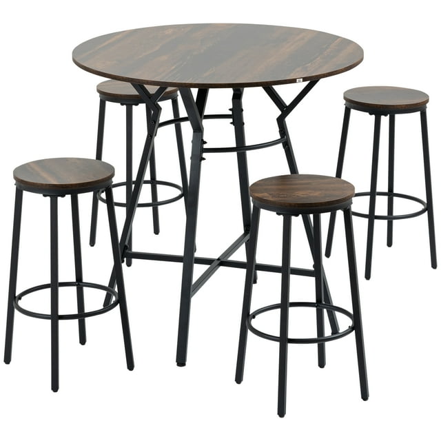 HOMCOM Ensemble de Table et Chaises de Bar 5 Pcs, Table à Manger Gain de Place avec 4 Tabourets pour Pub et Cuisine, Brun Foncé