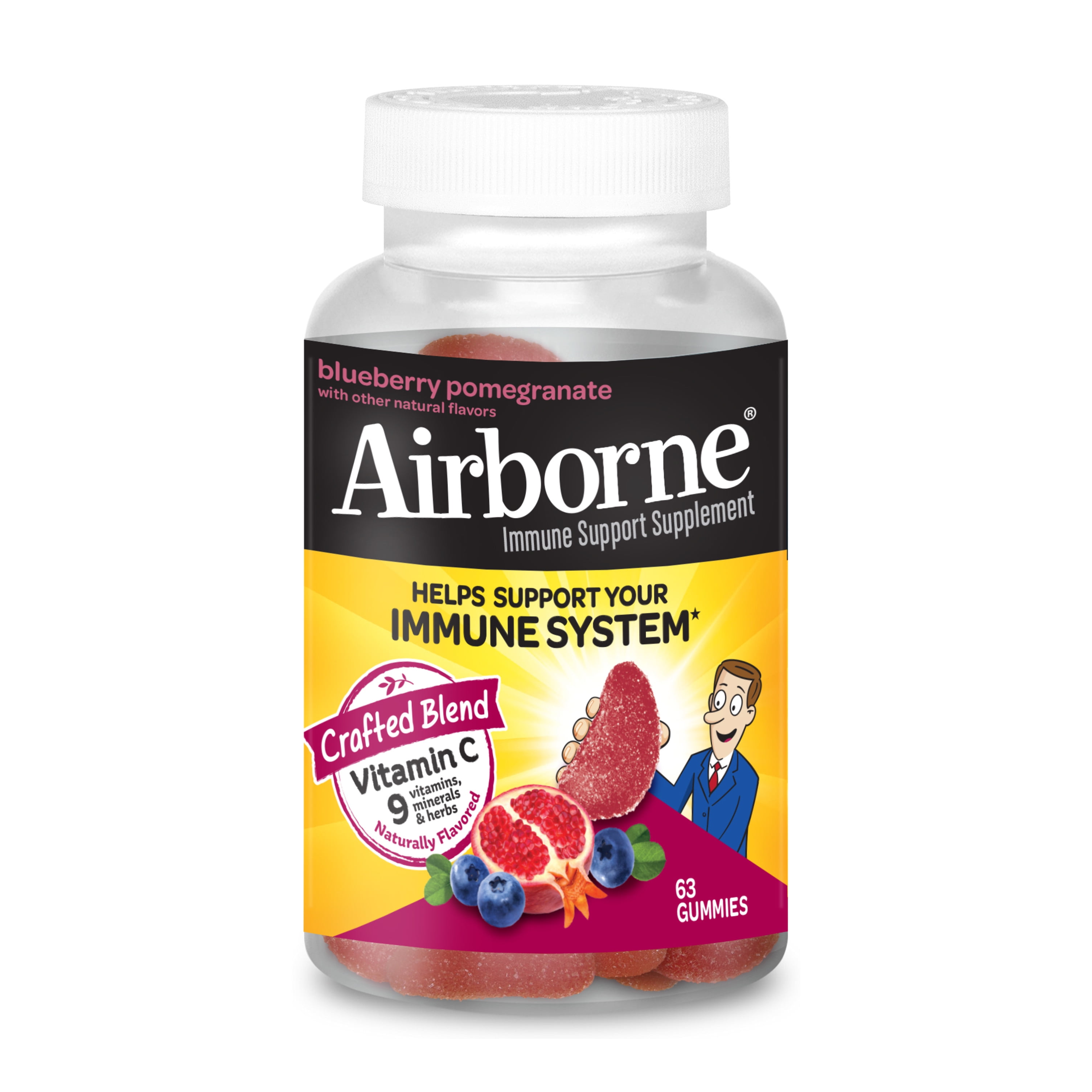 Airborne Blueberry Pomegranate Gummies, 63 count – 750mg of Vitamin C (per serving), Naturally Flavored Immune Support Supplement With Vitamins C & E, Selenium, Echinacea, Ginger, Antioxidants