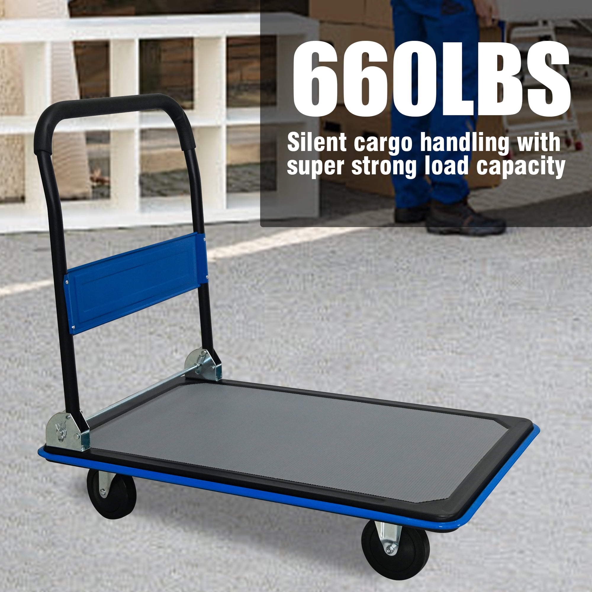 Garge Utility Cart, 660lbs Heavy Duty Capacity Platform Hand Truck 360 Degree Swivel Wheels Foldable Push Hand Cart for Loading and Storage, Warehouse