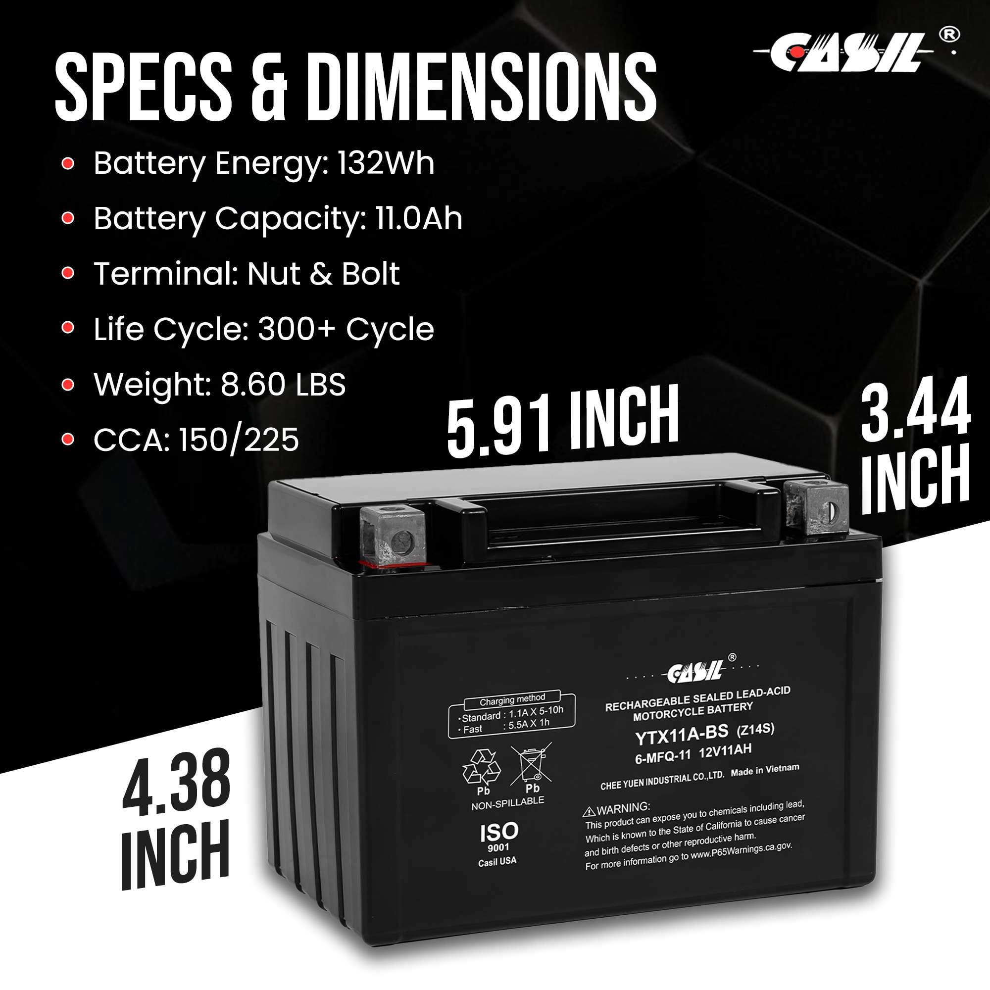 Casil YTZ14S 12V 11A AGM Powersport Battery Maintenance Free Replacement Battery for BMW Honda Suzuki and Yamaha Motorcycles