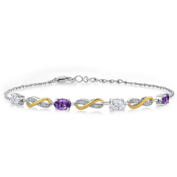 Gem Stone King 925 Silver and 10K Yellow Gold Amethyst Lab Grown Diamond Infinity Bracelet for Women Mother's Mom Wife Her Set with Moissanite (1.95 Cttw, Adjustable up to 7.5 inch)