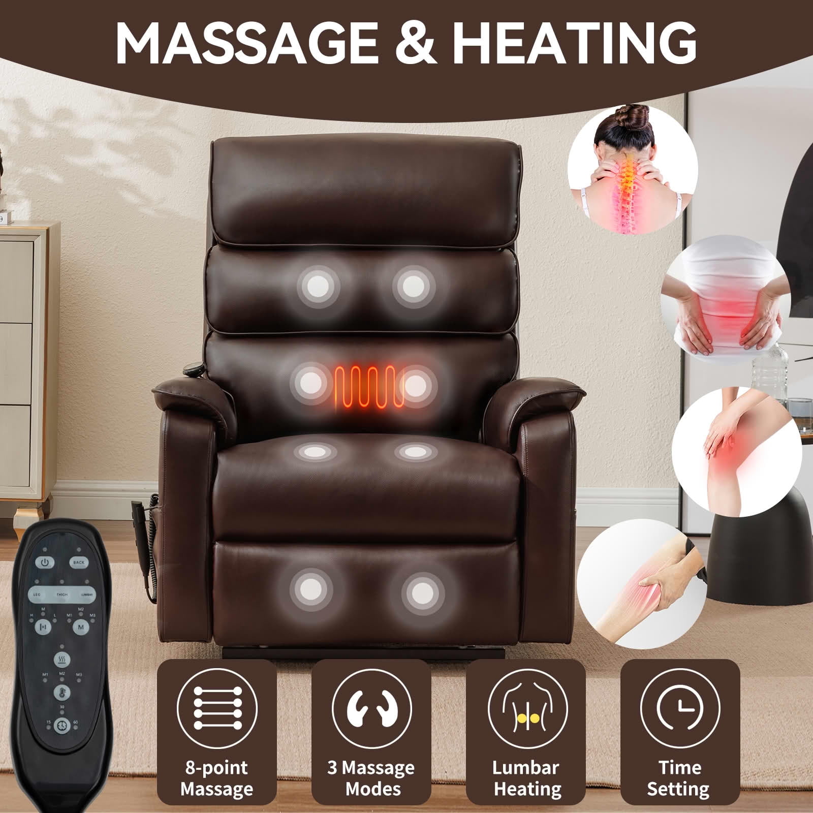 MAYEERTY Brown Dual Motor Power Lift Recliner, 350lbs 180° Infinite Position Heat Massage Chair with Remote Heavy Duty for Home