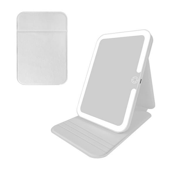 Travel Makeup Mirror with Light, Portable LED Lighted Make Up Mirror with Stand, Folding Light Up Cosmetic Vanity Mirror for Desk, Dimmable Touch Screen, 3-Color Lighting, USB Rechargeable, White