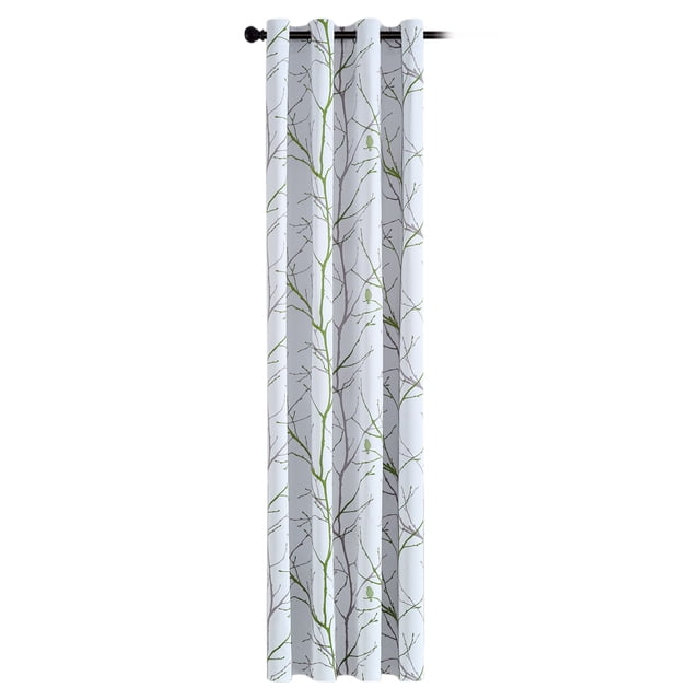 Cortina opaca con diseño de árboles en tonos verde y blanco, ideal para sala, habitación o dormitorio, tamaño 1.32 x 1.6m, fácil instalación.