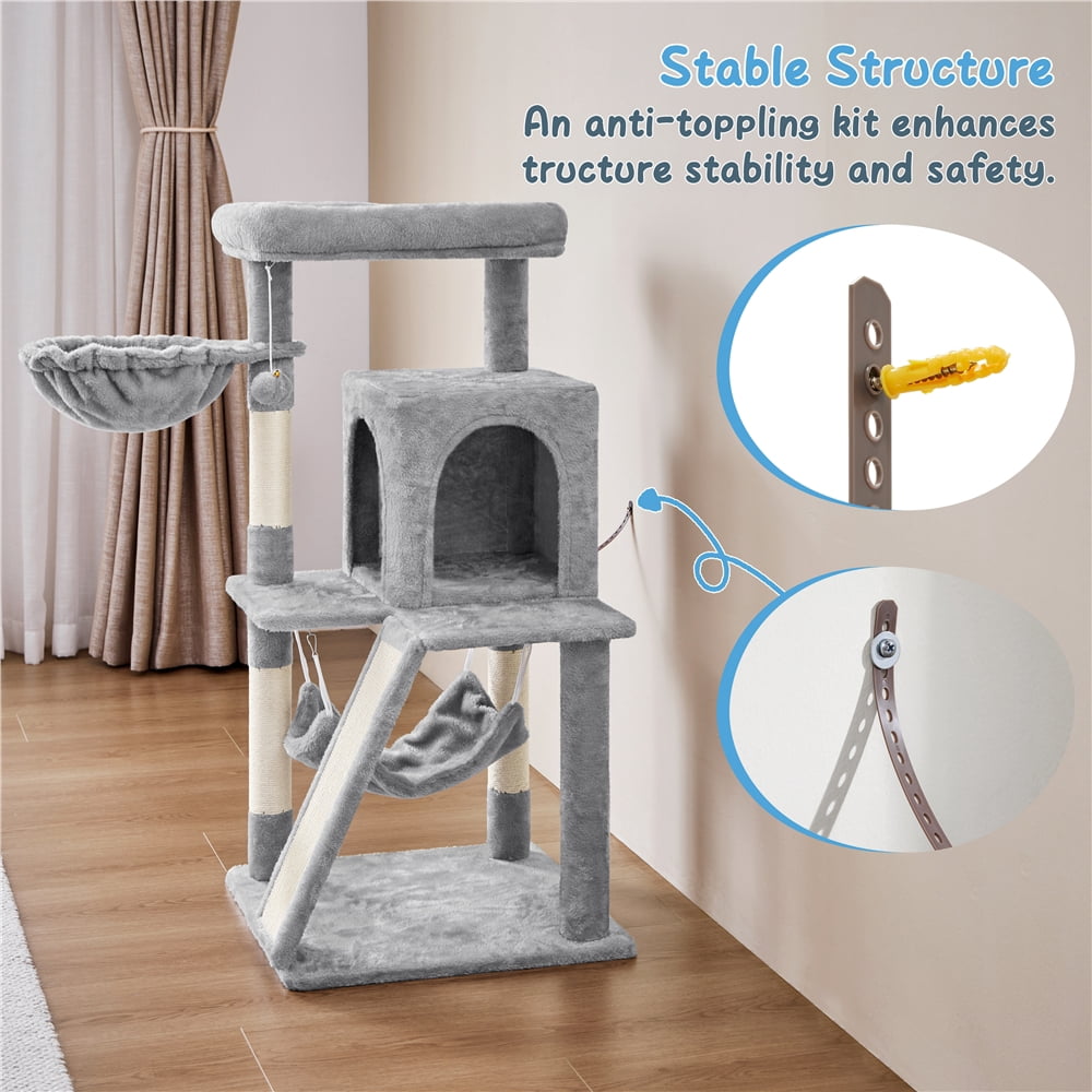 Yaheetech 40″ Multi-Level Cat Tree with Condo, Basket & Hammock, Light Gray