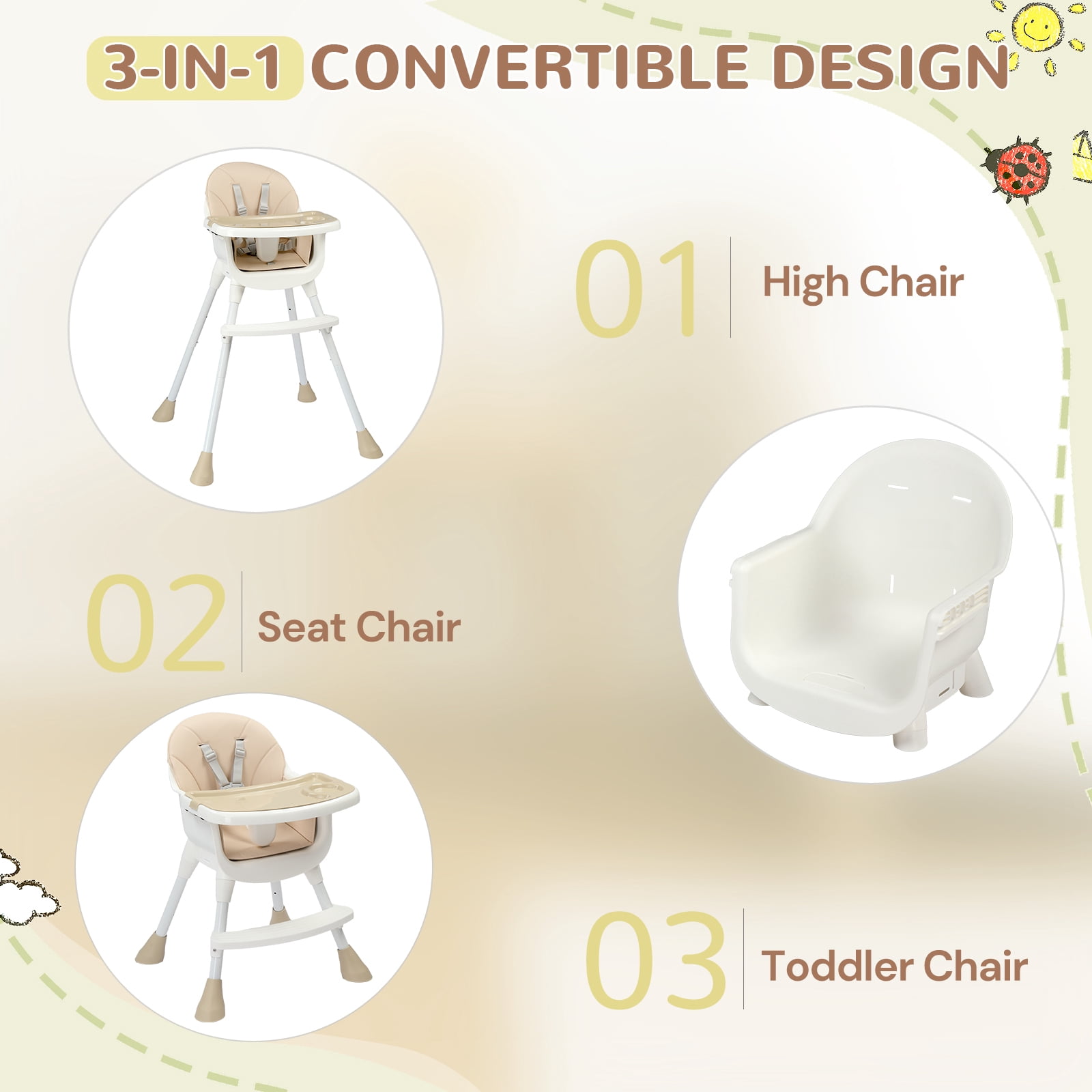 Ktaxon Baby High Chair, Convertible 3 in 1 High Chairs for Babies and Toddlers, Baby Highchair with 5-Point Safety Harness, Adjustable Dining Tray, Beige