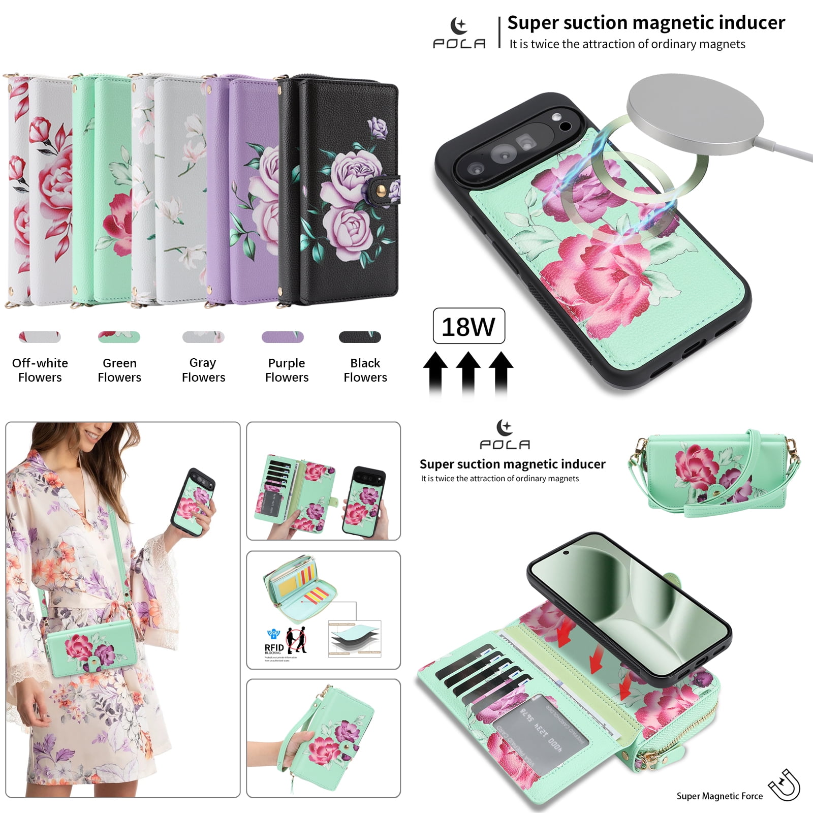 TECH CIRCLE 2-in-1 Wallet Case for Google Pixel 10 / 10 Pro (6.3", 2025), Detachable Magnetic Back Cover, Flip Flower Phone Case with 15 Card Slots, Zipper Pocket, Crossbody Strap, Wrist Strap, Green