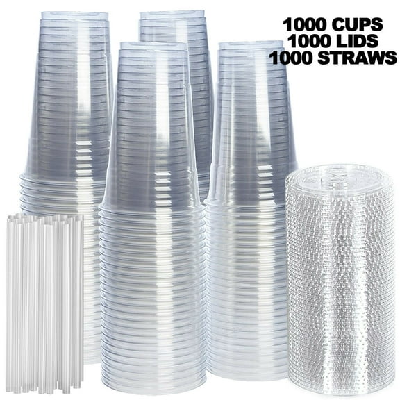 PET Crystal Clear Disposable Plastic Cups with lids, with Straws [1000] (20OZ)