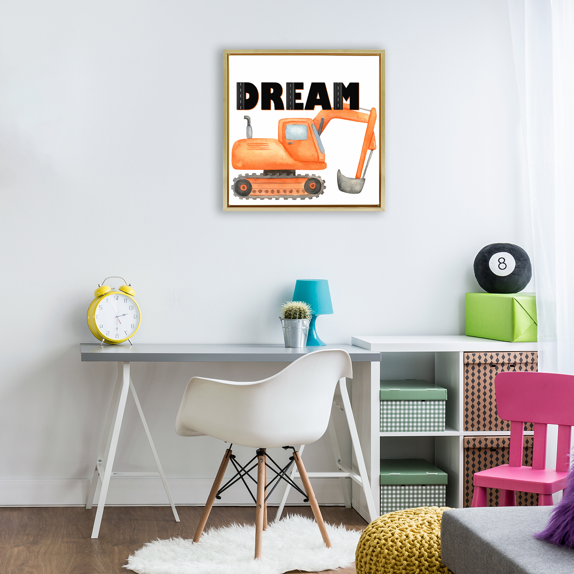 Dream with Orange Excavator Gold Framed Floater Canvas Wall Art, design by Kim Allen