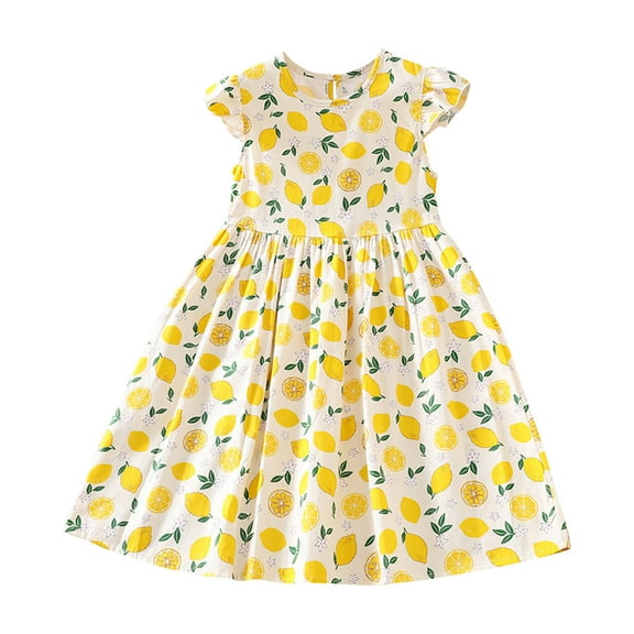 QTOCIO Toddler Girls Dresses, Baby Girl Clothes, Fashion Girls' Summer New Short Sleeve Ruffled Pockets Round-Neck Printed Dress, Yellow A, 4 Years