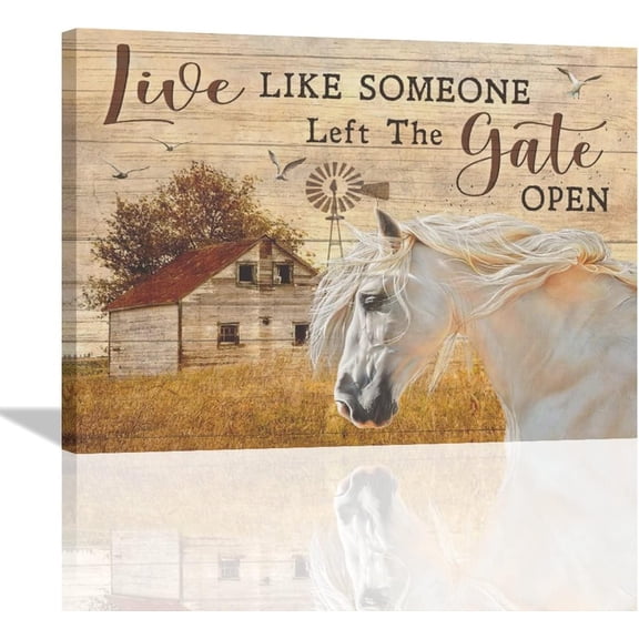 Horse Wall Art Farmhouse Wall Decor White Horse Canvas Prints Rustic Old Barn Pictures Country Windmill Painting Modern Artwork Home Decoration for Bathroom Bedroom Living Room 16"x12"