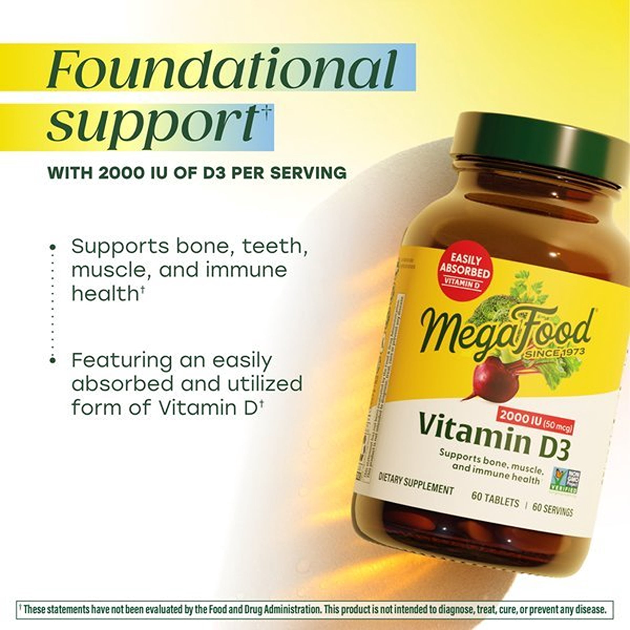 MegaFood Vitamin D3 2000 IU (50mcg) - Immune, Bone, Teeth & Muscle Support - 60 Servings