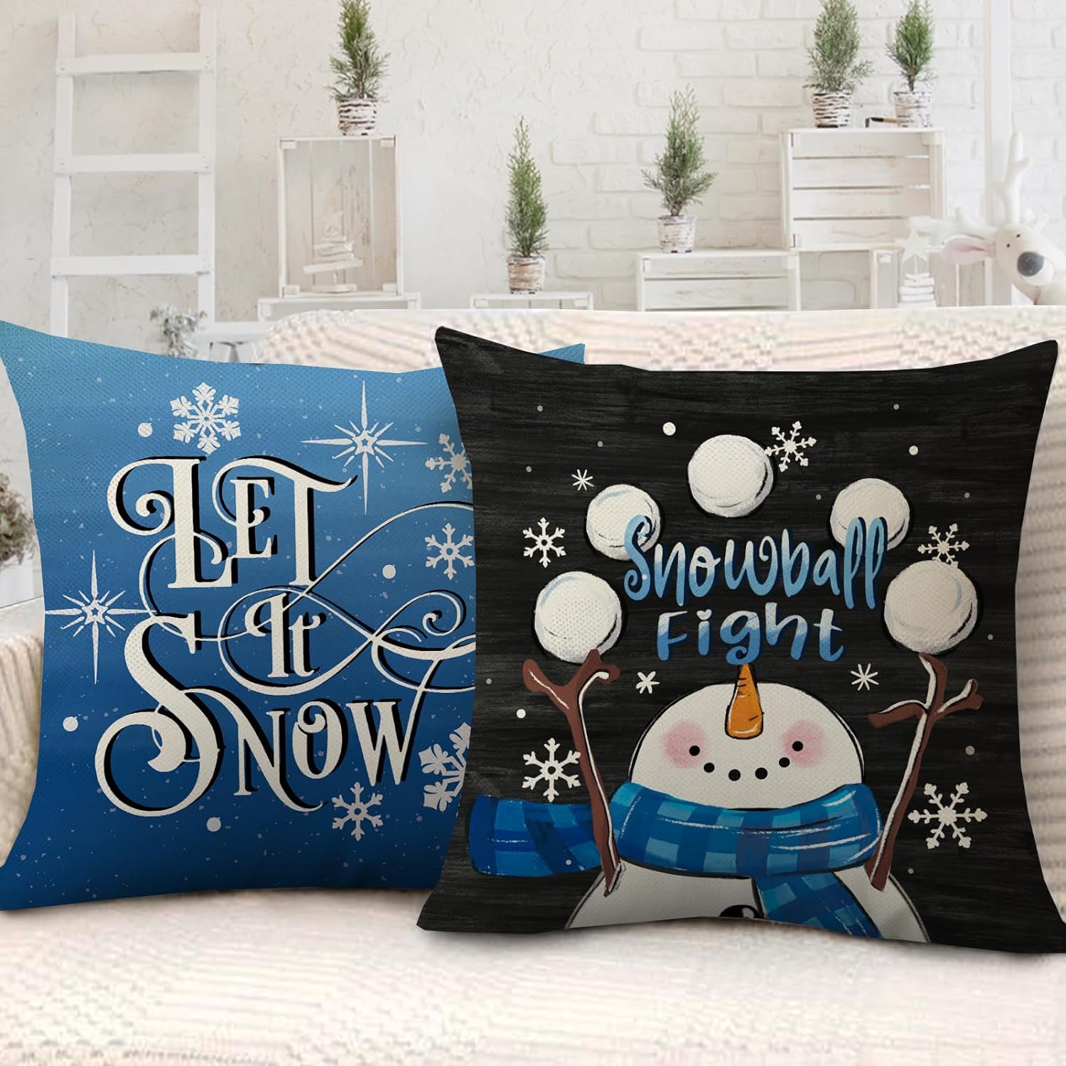 Warm Winter Wishes Decorative Throw Pillow Covers 18x18 Set of 4, Snowman Truck Christmas Tree Blue Black Outdoor Pillowcase, Let It Snow Snowflake Holiday Farmhouse Cushion Case Home Decor
