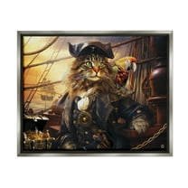 Stupell Industries Pirate Cat on Ship Animals & Insects Painting Gray Floater Framed Canvas Art Print Wall Art, 31 x 25