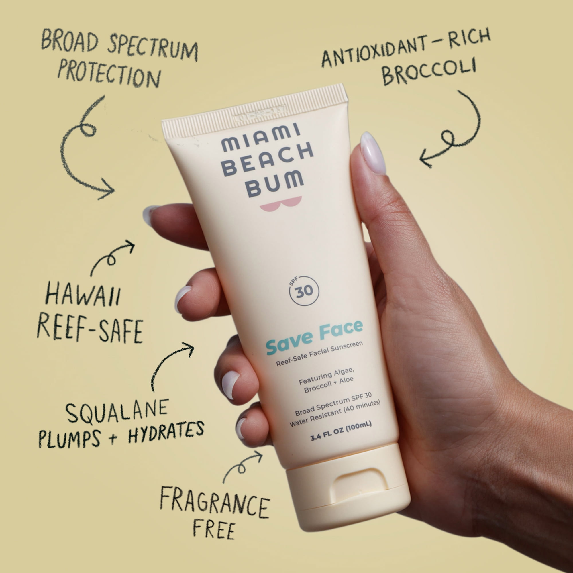 Miami Beach Bum Reef-Safe SPF30/ 40 Min Water Resistant Mineral Broccoli Face Cream, Fragrance-free, 3.4oz