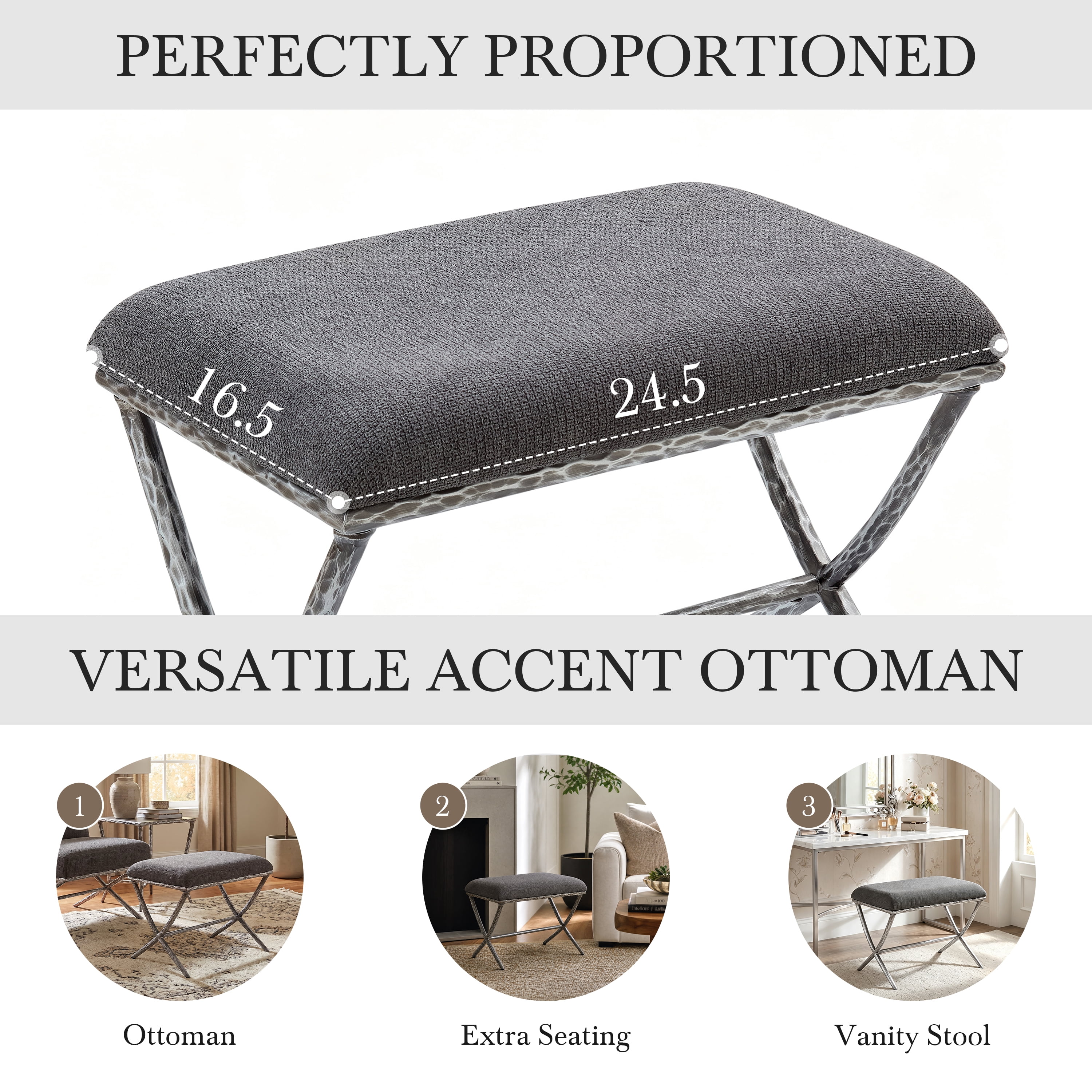 GARITIN Rectangular Ottoman 24.5 Inch, Upholstered Footrest with X Base and Hammered Metal Legs for Living Room Bedroom, Gray