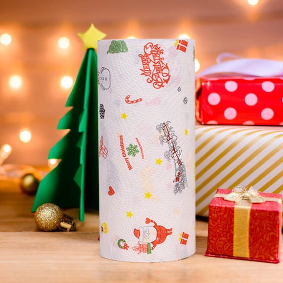 Christmas Print Kitchen Paper Towels, Absorbent Oil Water Absorption Sheet, Holiday Themed Napkin, 30 Sheets per Roll Decorated Design, for Cooking Cleaning and Party Decoration