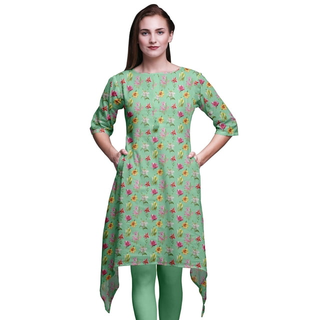 Bimba Kurti Asymétrique Vert à Imprimé Floral Lys et Lotus pour Femmes, Robe d'Été Indienne Tunique Grande