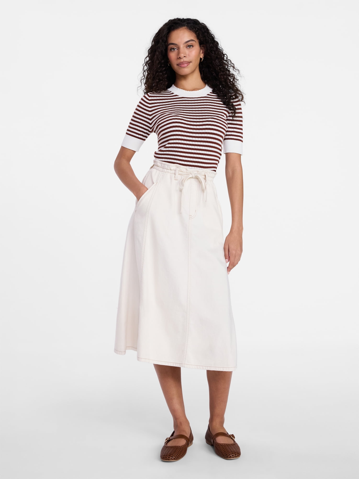 Time and Tru Women's Tie Waist Denim Midi Skirt, Sizes XS-XXXL