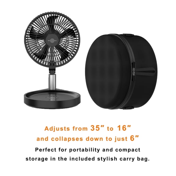 WindBillion 10 in Rechargeable Collapsible Fan, 5-Speed Cordless Desk and Standing Fan, USB-C, Black