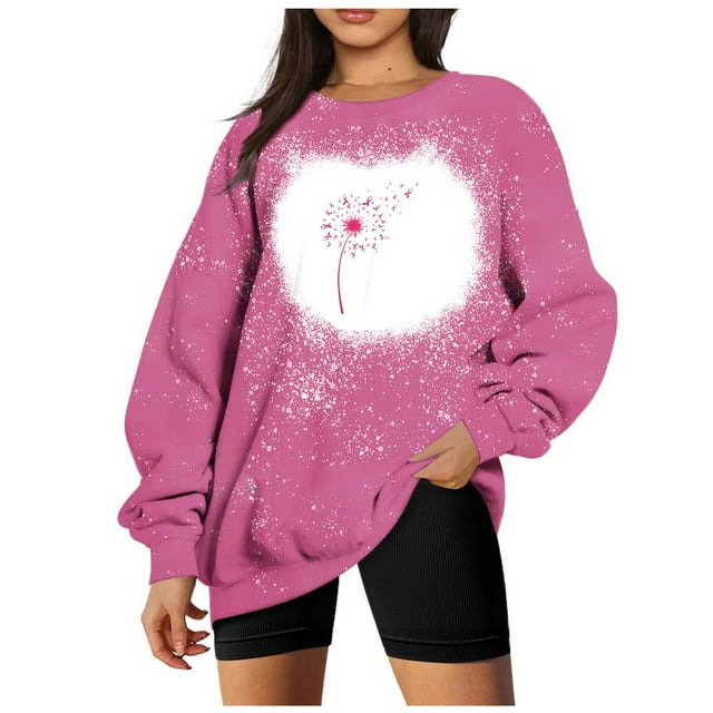 EQWLJWE Chandails pour Femmes Grande Taille Liquidation Chandails de Cancer du Sein pour Femmes Ruban Rose Imprimé Fleur Ample Manches Longues Chandail Col Rond Décontracté chandail Manches Raglan Chandail d'Automne 2023 Chandails Sans Capuche pour Femmes