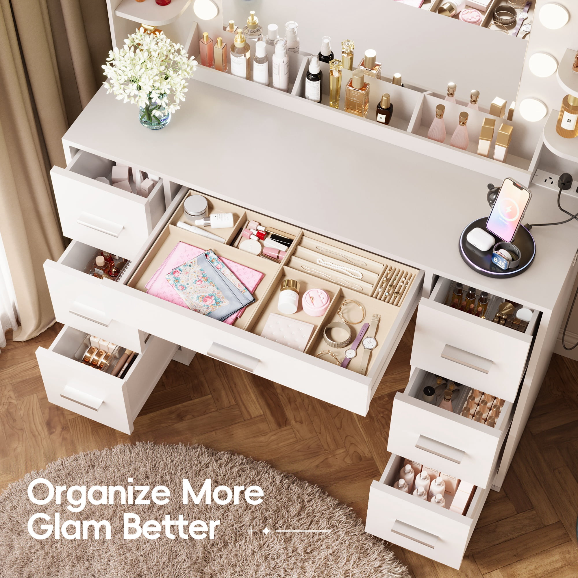 Furmax Vanity Set with Large Mirror & Adjustable Lights, Makeup Vanity Table with 7 Drawers & Open Shelves Vanity Desk for Bedroom, White