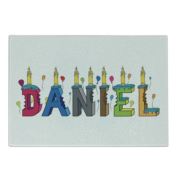 Daniel Cutting Board, Grooving Cheerful Male Name with Happy Occasion Birthday Theme Bite Marked Cake, Decorative Tempered Glass Cutting and Serving Board, Small Size, Multicolor, by Ambesonne