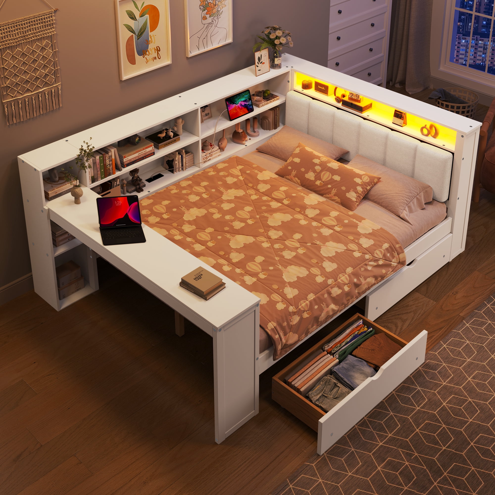Euroco Wood Full Size Daybed with Desk and Shelves, Captain Bed with Upholstered Headboard, LED Light and USB Charging, White