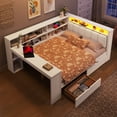 thumbnail image 3 of Euroco Wood Full Size Daybed with Desk and Shelves, Captain Bed with Upholstered Headboard, LED Light and USB Charging, White, 3 of 15